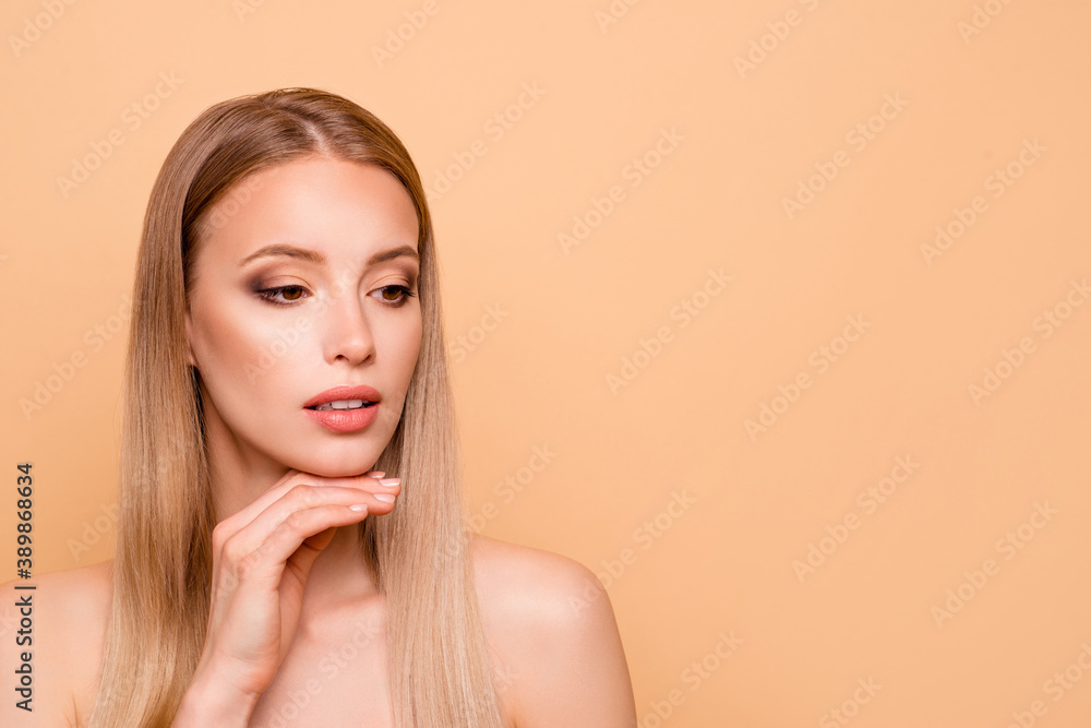 Portrait of charming elegant lady touch chin hand feel calm relax peaceful dream dreamy glad satisfied perfect ideal body treatment isolated on pastel background Portrait of charming elegant lady touch chin hand feel calm relax peaceful dream dreamy glad satisfied perfect ideal body treatment isolated on pastel background