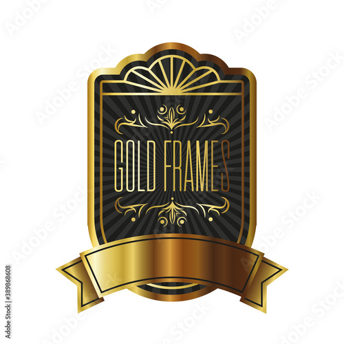 elegant golden frame emblem with lettering and ribbon