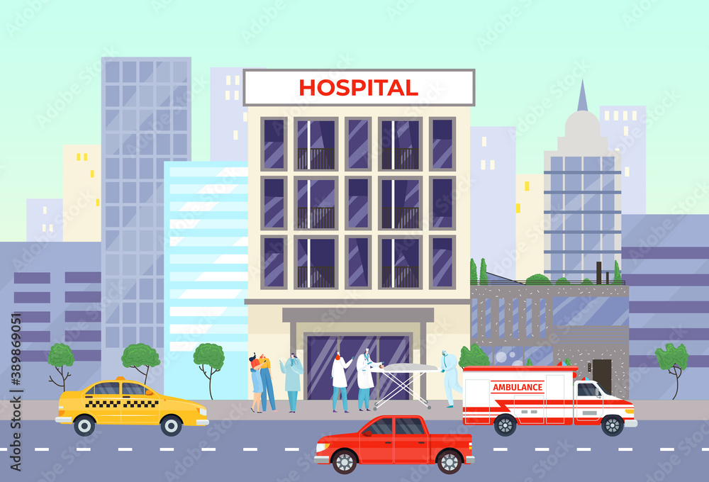 Medical building for care health, emergency clinic with ambulance, vector illustration. Cartoon medicine hospital with modern nurse, doctor. Urban architecture for healthcare city service. Medical building for care health, emergency clinic with ambulance, vector illustration. Cartoon medicine hospital with modern nurse, doctor. Urban architecture for healthcare city service.