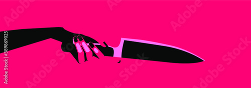Woman's hand holding a knife. Minimal conceptual illustration about psychopathy and sociopathy issues, female aggression.