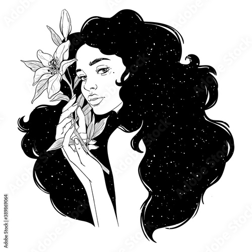 Portrait of beautiful woman with flowers. Black and white ink illustration.