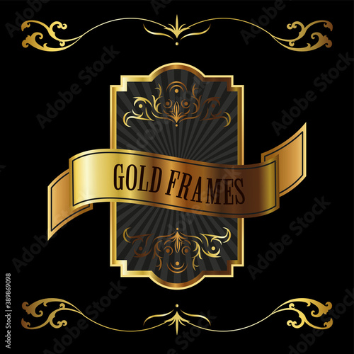 elegant golden frame emblem with lettering and ribbon