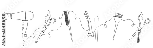 Hairdresser details in linear style on white.