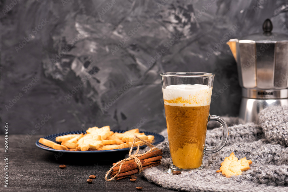Pumpkin sweet spicy latte with autumn cookies Pumpkin sweet spicy latte with autumn cookies