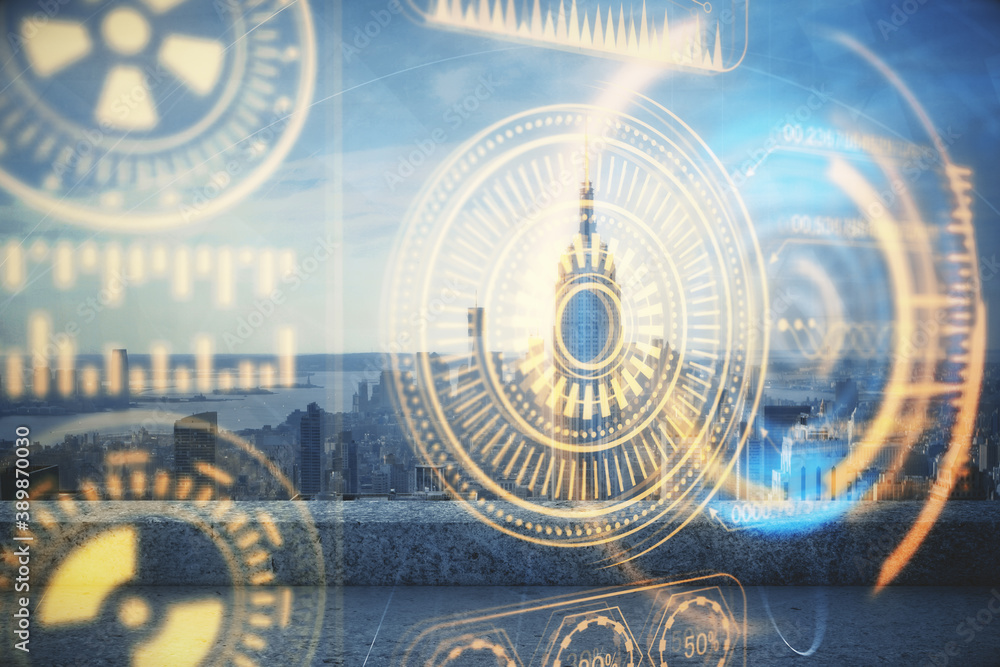 Fototapeta premium Double exposure of technology theme hologram and cityscape background. Concept of Hightech.