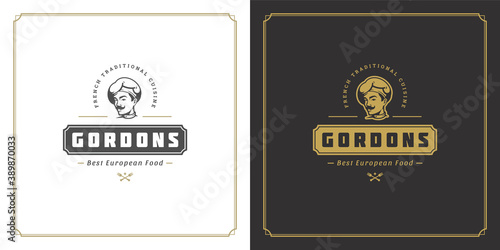 Restaurant logo template vector illustration chef man face in hat silhouette