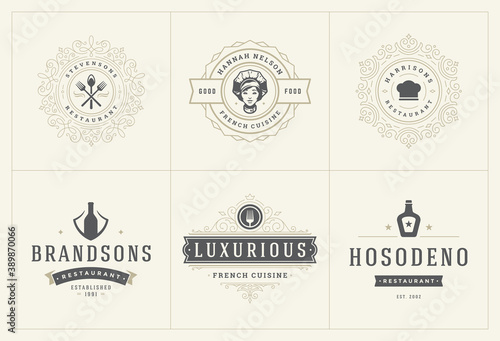 Restaurant logos templates set vector illustration good for menu labels and cafe badges
