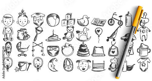 Childhood doodle set. Collection of ink chalk pencil pen hand drawn sketches templates drawing patterns of different clothing and toys for kids and newborns children infants illustration.
