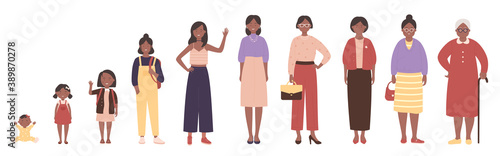 African american black woman in different ages vector illustration. Human life stages, childhood, youth, adulthood and senility. Children, young and elderly people flat characters isolated photo