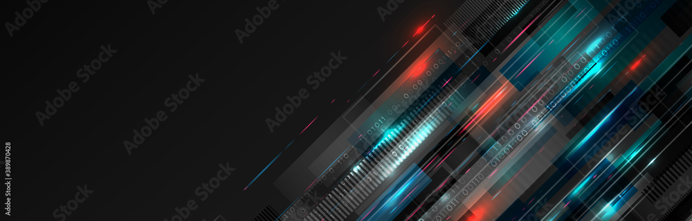 Wide background with various technological elements. Hi-tech computer digital technology concept. Abstract technology communication. Neon glowing lines. Speed and motion blur over dark  background. - obrazy, fototapety, plakaty 