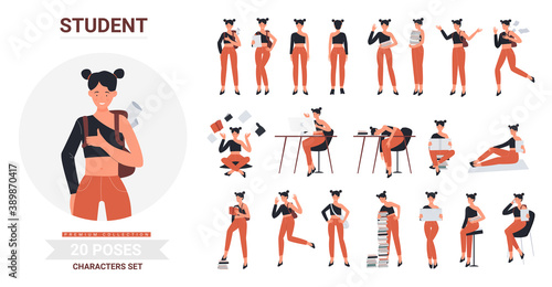 Student girl pose infographic vector illustration set. Cartoon young woman in casual clothes holding books for study, female character in jeans studying, resting in different posture isolated on white