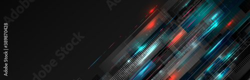Wide background with various technological elements. Hi-tech computer digital technology concept. Abstract technology communication. Neon glowing lines. Speed and motion blur over dark  background.