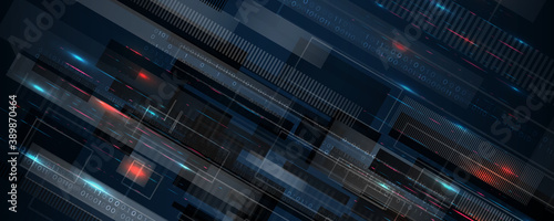 Wide background with various technological elements. Hi-tech computer digital technology concept. Abstract technology communication. Neon glowing lines. Speed and motion blur over dark  background.