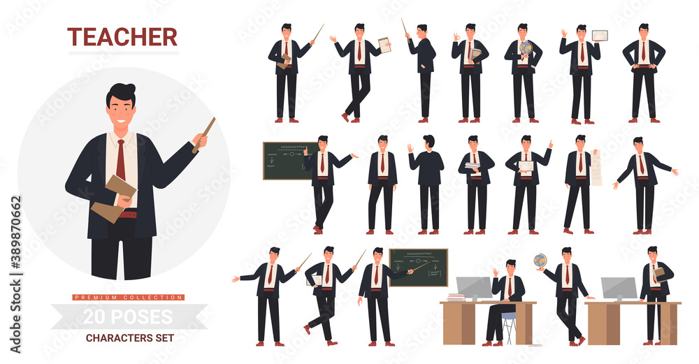 Teacher man poses vector illustration set. Cartoon professional male school teacher or professor character holding pointer or books, standing next to chalkboard in teaching postures isolated on white - obrazy, fototapety, plakaty 