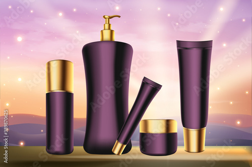 Purple skincare cosmetics series vector illustration. Realistic purple luxury bottles and packaging with golden labels on sunset background, cosmetology body or face skin care advertising poster