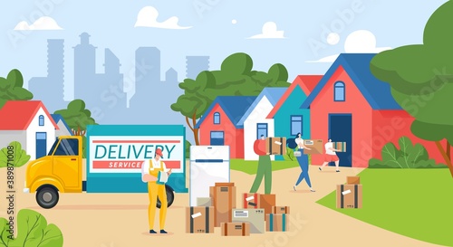 Delivery and cartoon relocation to new home, flat box transportation service, vector illustration. Family moving box to apartment, man woman people character hold package near real estate design.