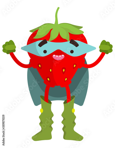 Funny fruit superhero. Strawberry in cartoon style.