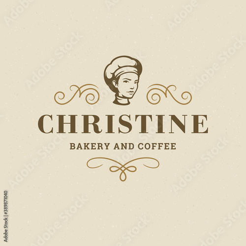 Bakery badge or label retro vector illustration baker women holding basket with bread silhouette for bakehouse