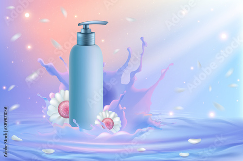 Chamomile daisy cosmetics vector illustration. Natural herbal lotion in realistic bottle, body care product with chamomile flower, vitamins and antioxidants for everyday routine cosmetology background