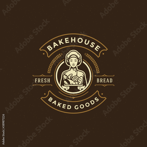 Bakery badge or label retro vector illustration baker women holding basket with bread silhouette for bakehouse