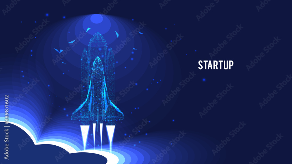 Startup concept. Flying Shuttle from triangles and luminous points. Background of beautiful dark blue night sky. Vector Polygonal illustration. Low poly.