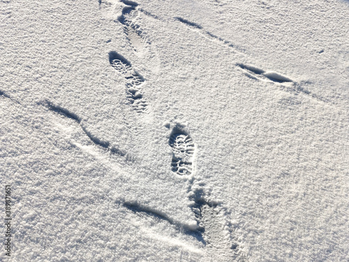 Footmarks on the clean white snow surface