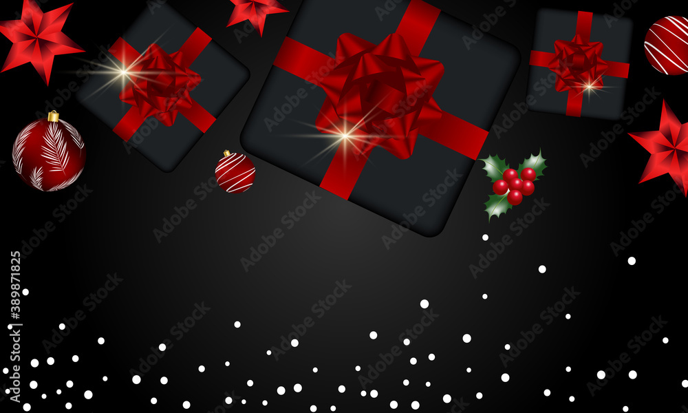 Merry Christmas and New Year greeting card. Christmas red decorations and gifts on black background, top view, vector Merry Christmas and New Year greeting card. Christmas red decorations and gifts on black background, top view, vector