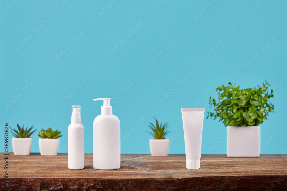 One white tube and two pump bottles with no logo on wooden tabletop against green plants in pots and turquoise background. Close up, copy space One white tube and two pump bottles with no logo on wooden tabletop against green plants in pots and turquoise background. Close up, copy space