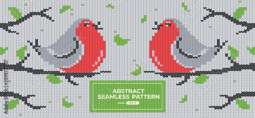 Knit pattern. Bullfinch bird sitting on a branch. Spring is coming. Vector illustration. Realistic knitted woolen cloth texture. Sweater background. Spring Holiday. Flat style.