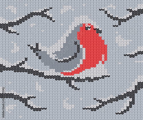 Knit pattern. Bullfinch bird sitting on a branch. Snow on the tree. Vector illustration. Realistic knitted woolen cloth texture. Christmas sweater. New Year background. Winter Holiday. Flat style.
