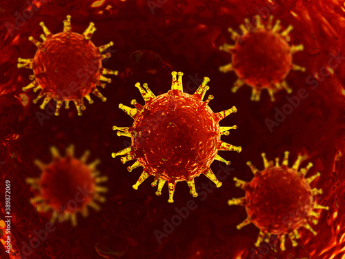 Virus illustration. Dangerous virus. Coronavirus, SARS-CoV-2. Inside human body. Medical illustration. Biohazard. 3d illustration. A high resolution. Red and yellow colors.