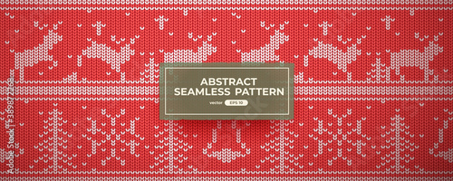 Seamless knit pattern. Red color. Vector illustration. Realistic knitted woolen cloth texture. Christmas sweater. New Year background. Winter Holiday. Flat style.