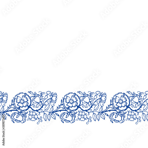 Vector seamless retro rose border. Vintage porcelain blue, hand drawn rose garland, embroidery style design. Line art florals on white background. Elegant nature background. Perefect for kitchen
