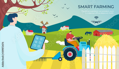 Agriculture smart farm digital technology, farmer at field vector illustration. Agricultural farming plant from tablet, business harvesting. Industry harvest data control in internet mobile app.