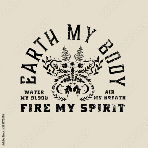 Mystical ethno print with astrological objects and motivating slogan