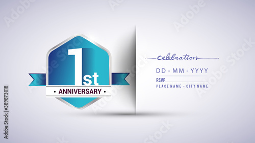 1st anniversary invitation card for birthday celebration isolated in blue hexagon shape, vector design.