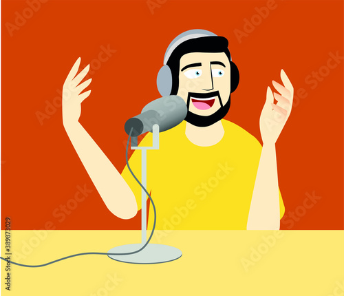 Flat vector illustration of a radio host speaking into a microphone