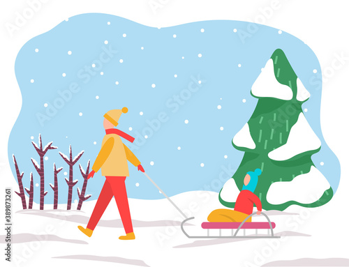 Winter vacations and pastime. Man pulling sleds with child sitting on it. Father and kid on sleigh. Winter landscape with trees and bushes covered with snow. Frosty weather outside, vector in flat