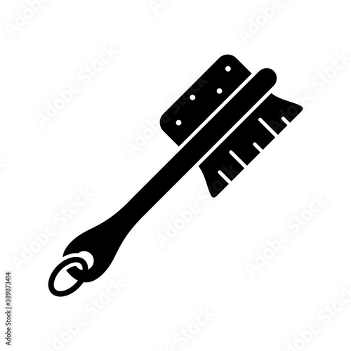 Body massage brush with long handle. Silhouette icon of double sided bath or spa accessory. Black illustration of peeling pumice stone, stiff bristles for skin tone. Outline isolated vector pictogram