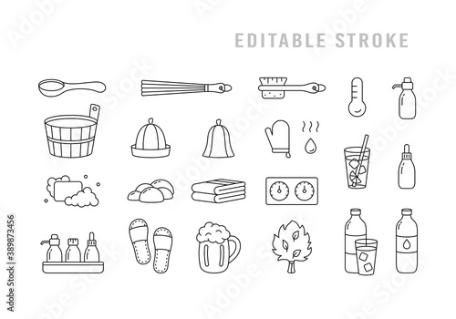 Sauna, editable stroke icons set. Linear pictogram of classic bath tools, banya accessory. Black illustration of wooden tub, ladle, hat, broom, beer mug, brush, soap, slippers. Contour isolated vector
