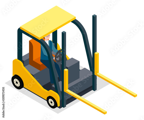 Man driving and controling the forklift vector illustration. Warehouse equipment loader, cargo delivery storage service industrial yellow forklift truck and worker driver isolated on white background