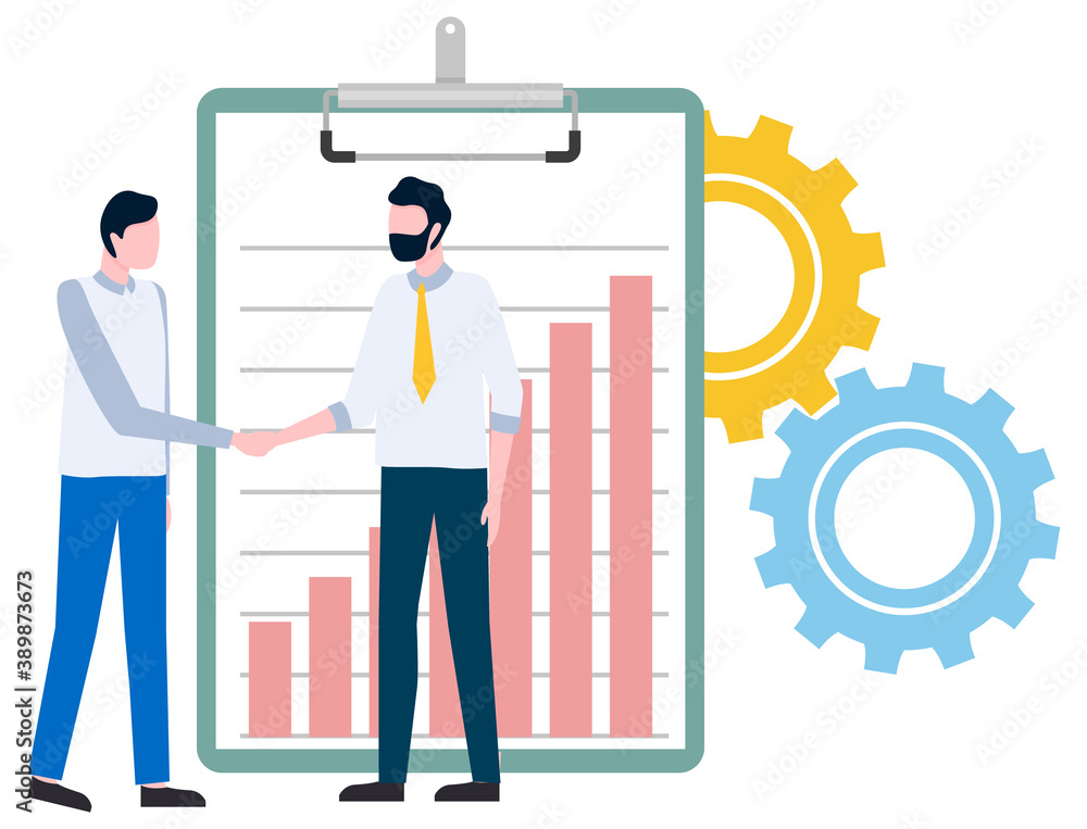 Business partners cooperation, join to our team. Vector cartoon people and gear cogwheel financial mechanisms, clipboard with growing sales or trades