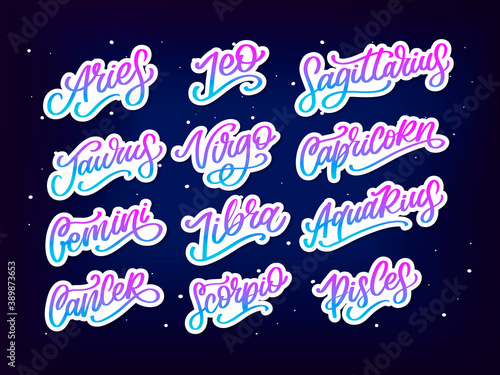 Zodiac lettering Vector Sign. Cartoon astrology text illustration. Horoscope handwritten icon set.