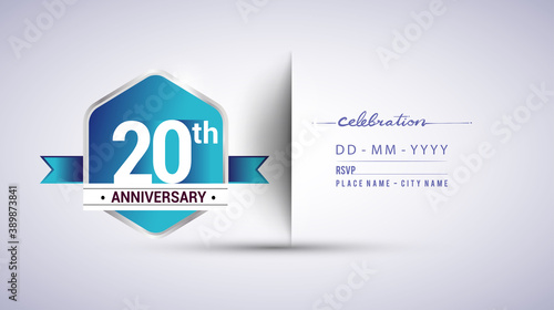 20th anniversary invitation card for birthday celebration isolated in blue hexagon shape, vector design.