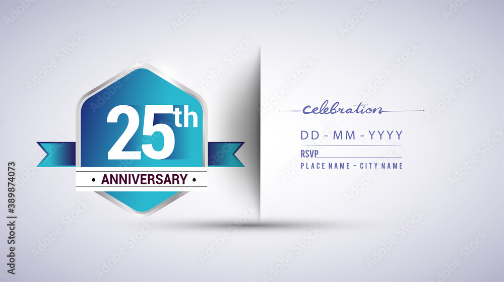 25th anniversary invitation card for birthday celebration isolated in blue hexagon shape, vector design. 25th anniversary invitation card for birthday celebration isolated in blue hexagon shape, vector design.