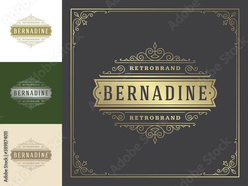 Vintage logo elegant flourishes line art graceful ornaments victorian style vector template design