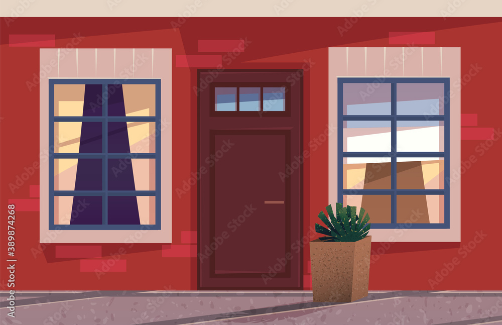 The illustration with an wooden front door and part of wall with windows in  evening time,
