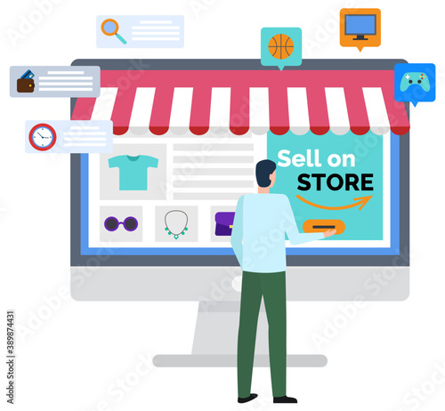 Sell on store, logistics worldwide b2b, shopper buying things online. Marketplace online, e-commerce technology, choosing parcel on website, international shop, marketing place, buyer character vector
