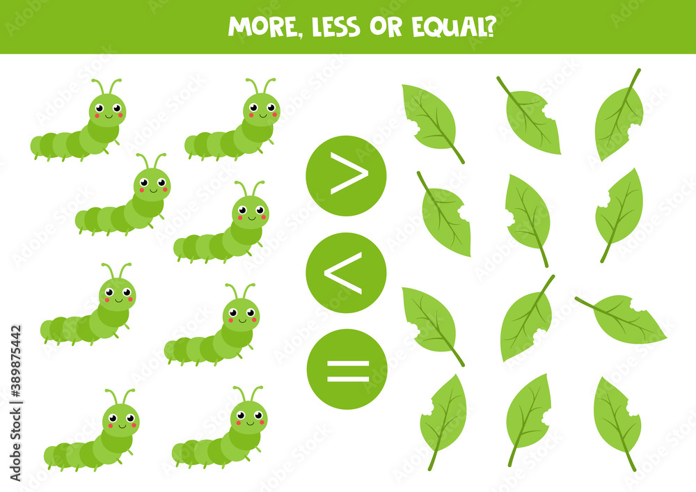 Obraz More, less, equal with green insect caterpillar. Math game for children.