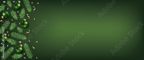 Winter Holiday Background with Green christmas ornaments with fir tree, balls baubles, gold confetti and free space